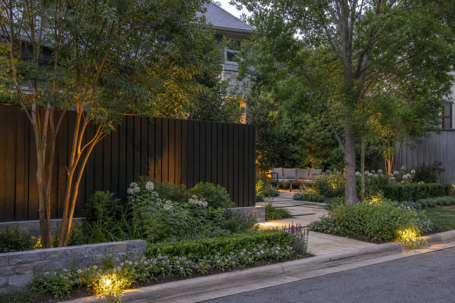 Road-facing garden with a solid timber screen, layered shrubs, soft groundcover, and a sheltered seating area away from the curb
