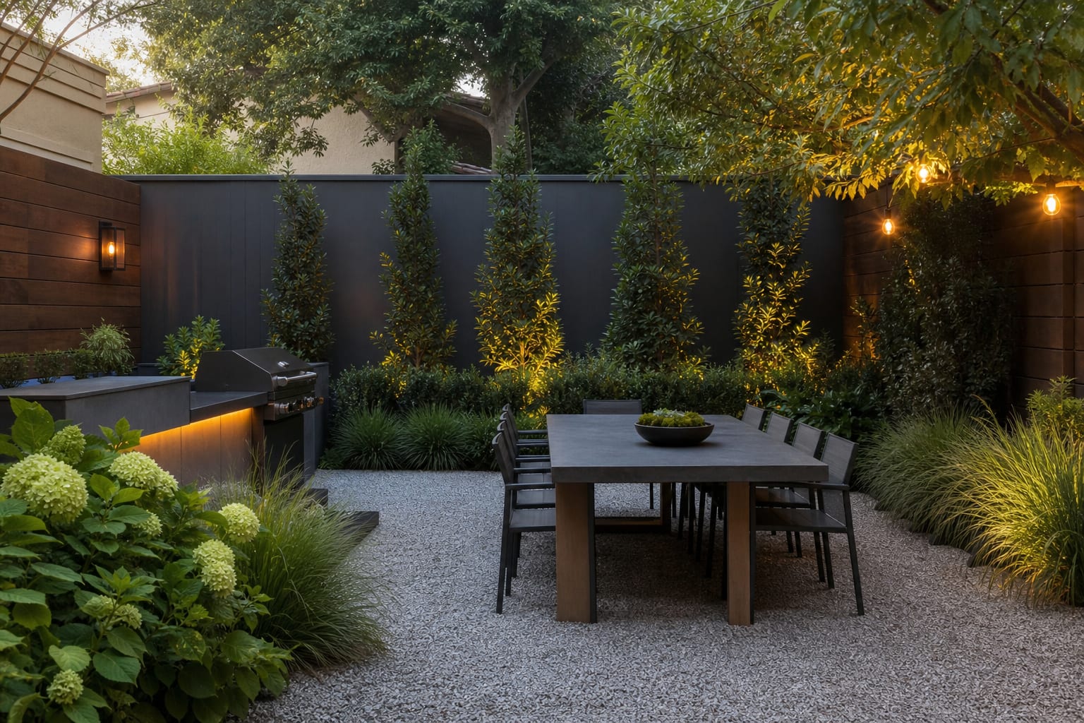 Compact garden dining area protected by a matte solid fence, layered evergreen shrubs, ornamental grasses, and gravel underfoot