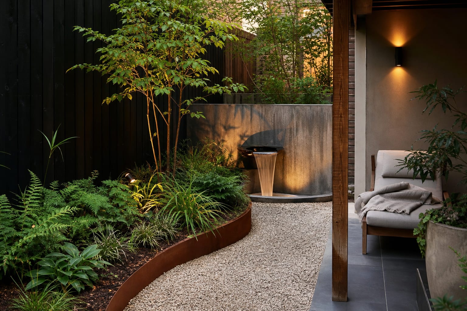Small urban garden with a solid side screen, planted berm, gravel path, and water feature close to a sheltered lounge chair