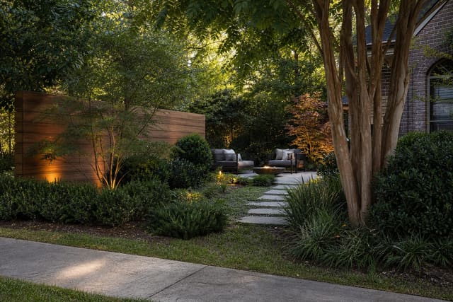 Road-facing garden with a solid timber screen, layered shrubs, soft groundcover, and a sheltered seating area away from the curb