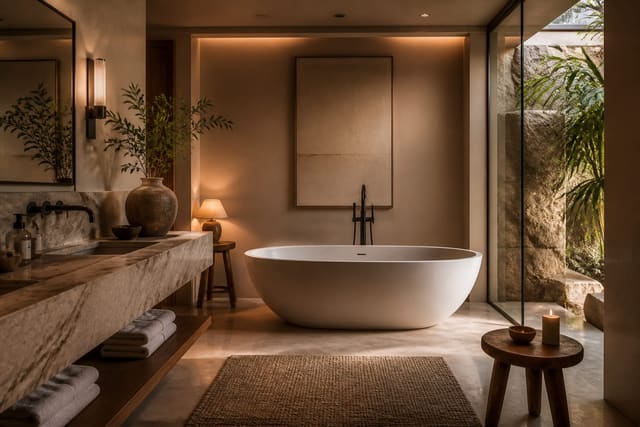 Spa Bathroom Ideas in a spa bathroom, shown as a warm editorial Re-Design concept