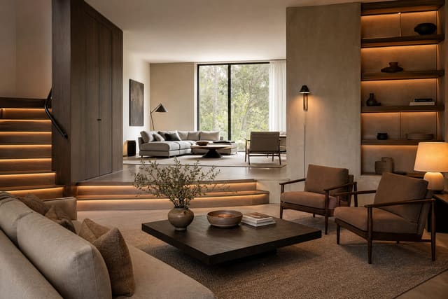 split-level living room with connected seating zones, warm stair lighting, repeated wood tones, and layered neutral rugs