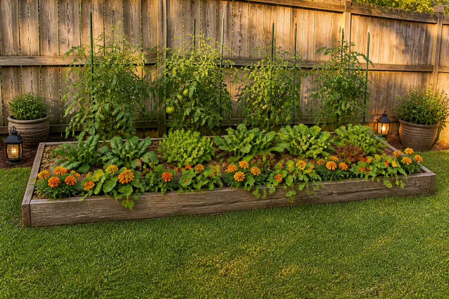 The same garden bed fully planted and mature in late spring