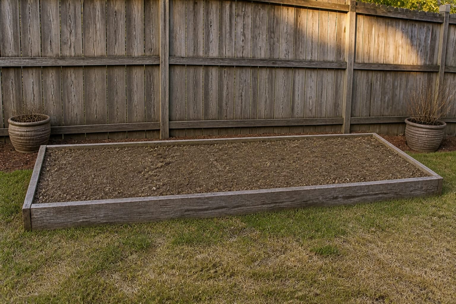 Bare brown garden bed in early spring with no plants