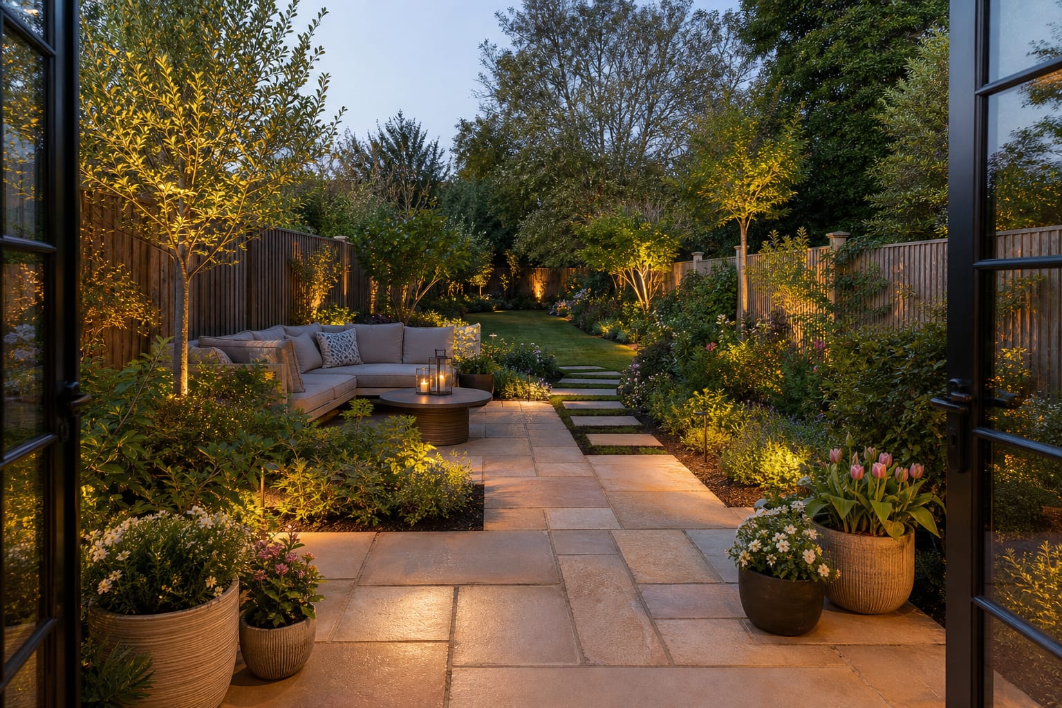 Same garden refreshed for spring with clean bed edges, swept patio, filled planters, pruned shrubs, and a defined gravel path.