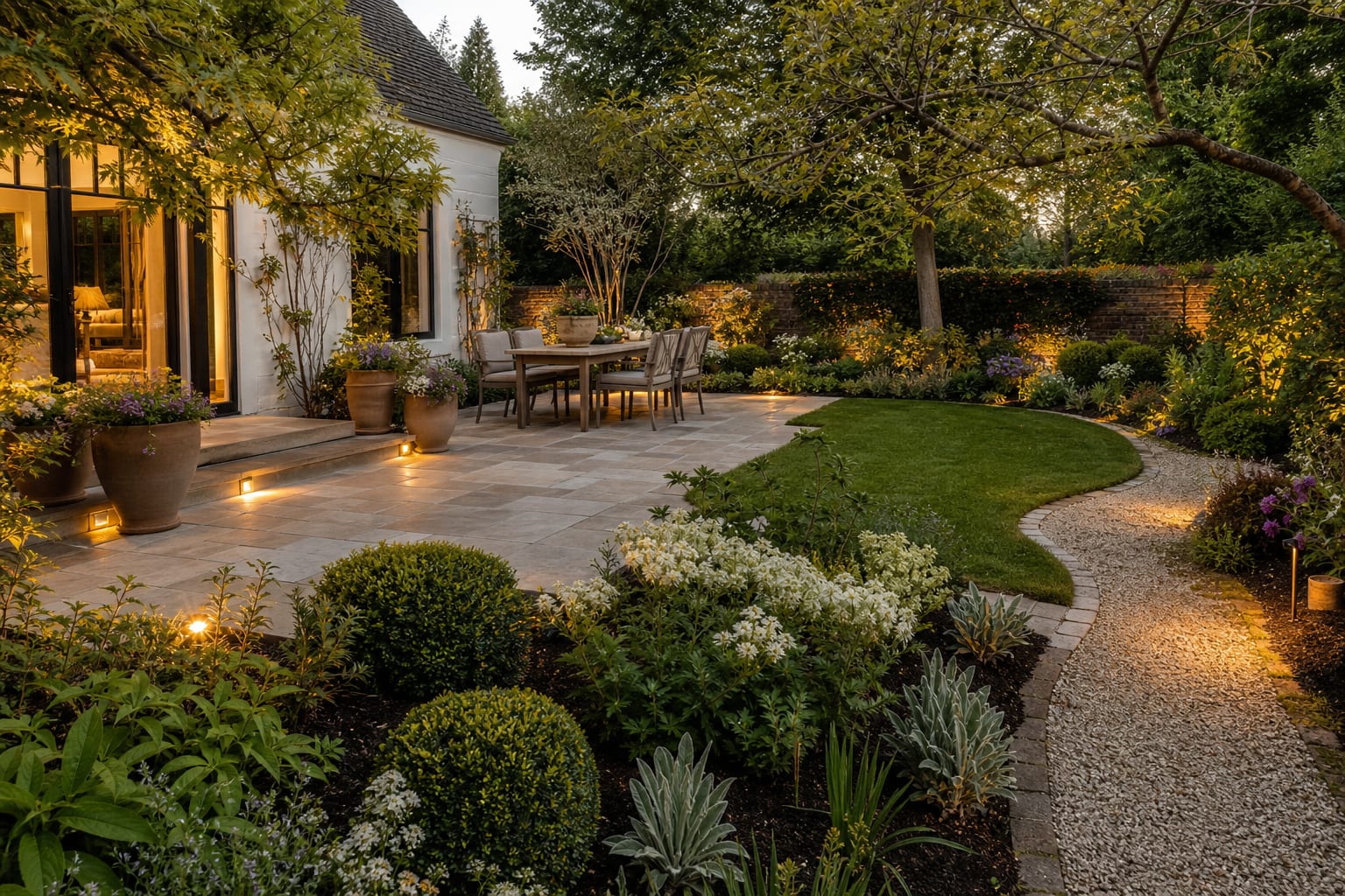 fresh spring garden with cleaned beds, edged lawn, washed patio, early containers, and repaired gravel path