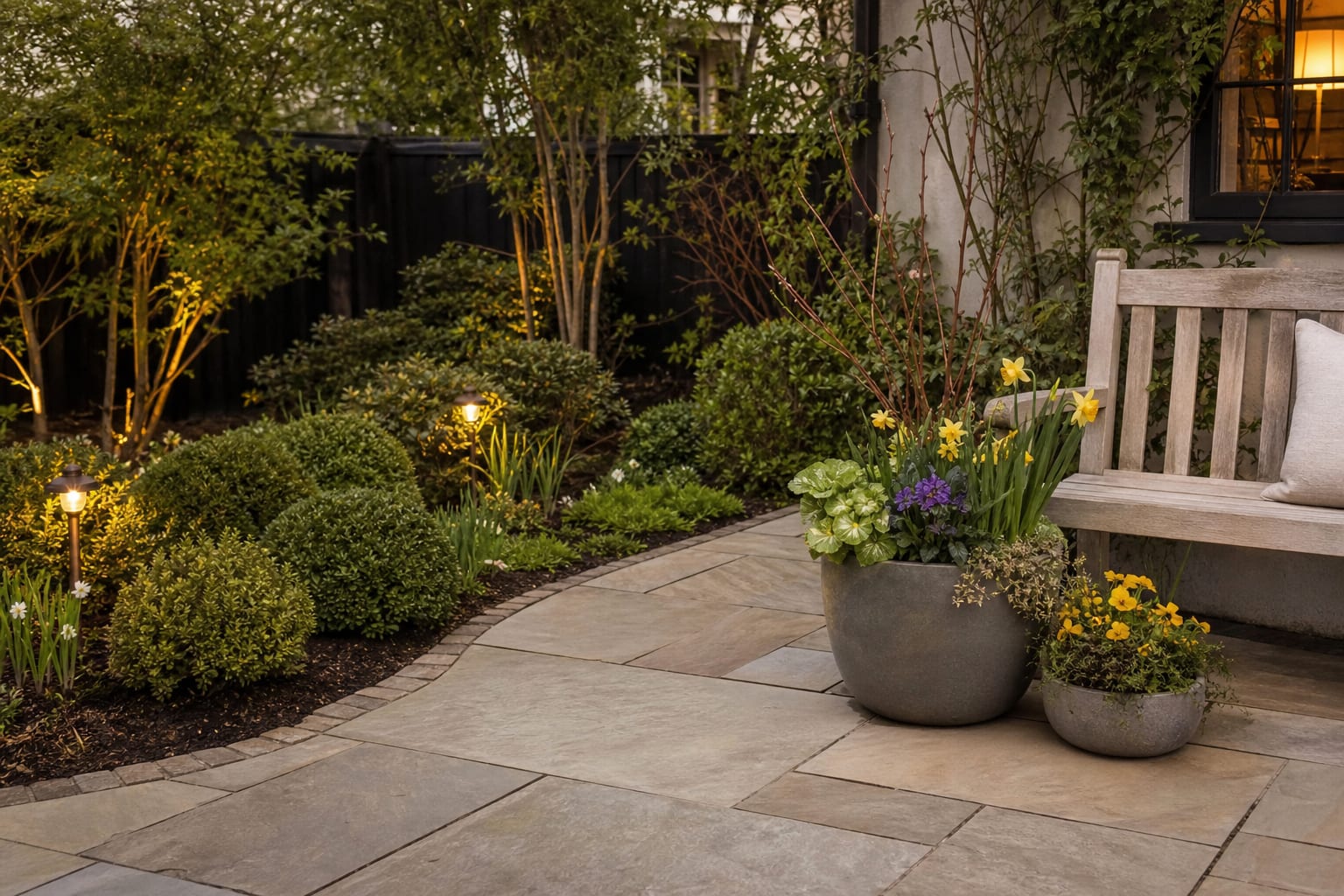 spring patio edge with cleaned paving, defined border, compact shrubs, and early container planting beside a garden bench