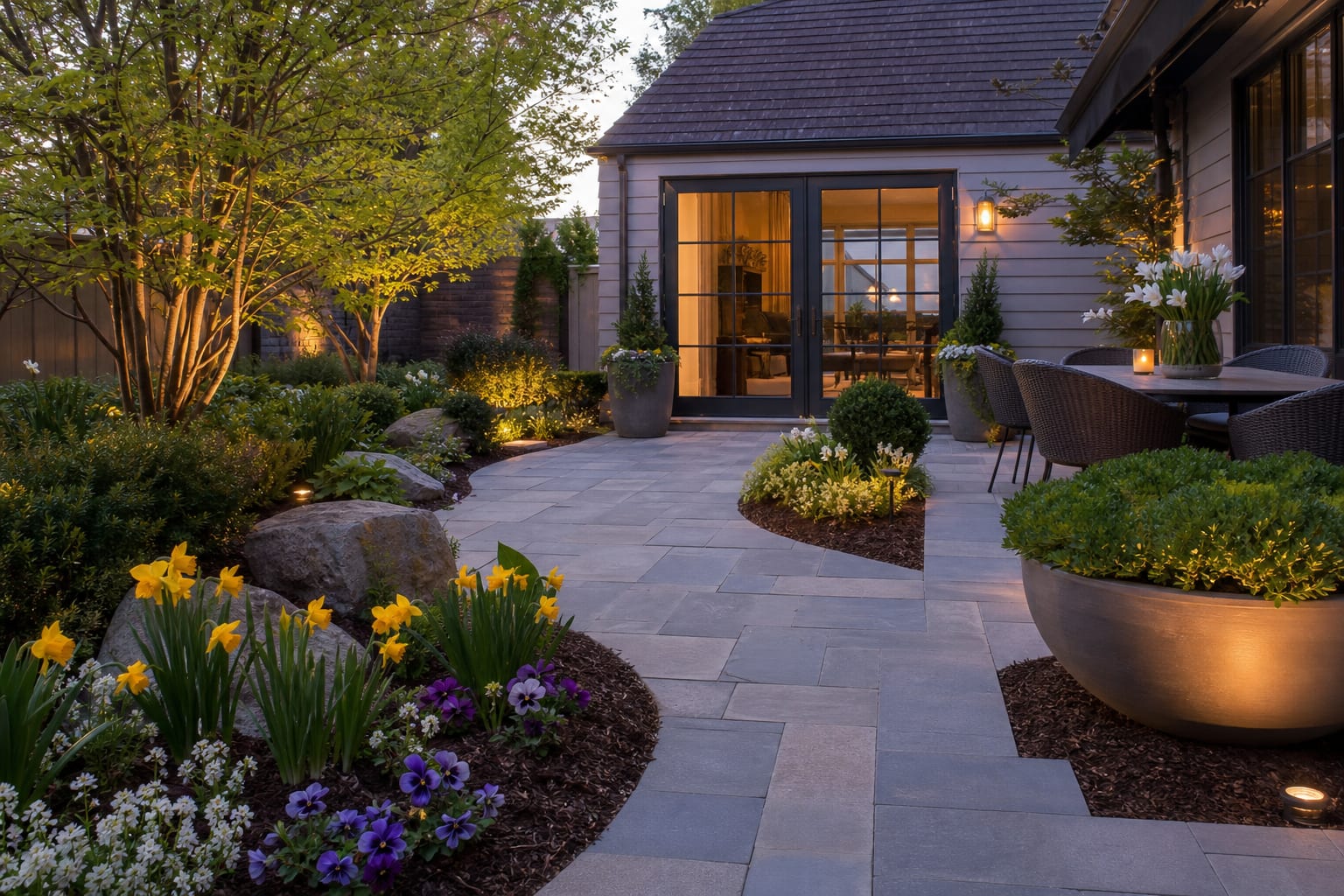 AI preview of a spring garden refresh showing cleaner paths, larger planters, fresh mulch, and early flowers near a patio door