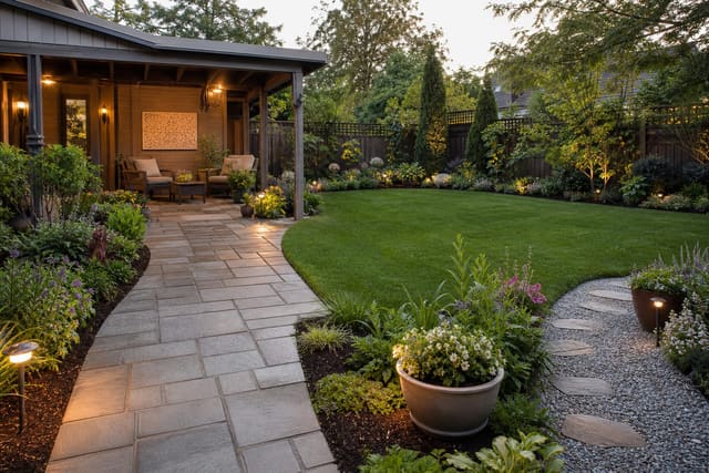 fresh spring garden with cleaned beds, edged lawn, washed patio, early containers, and repaired gravel path