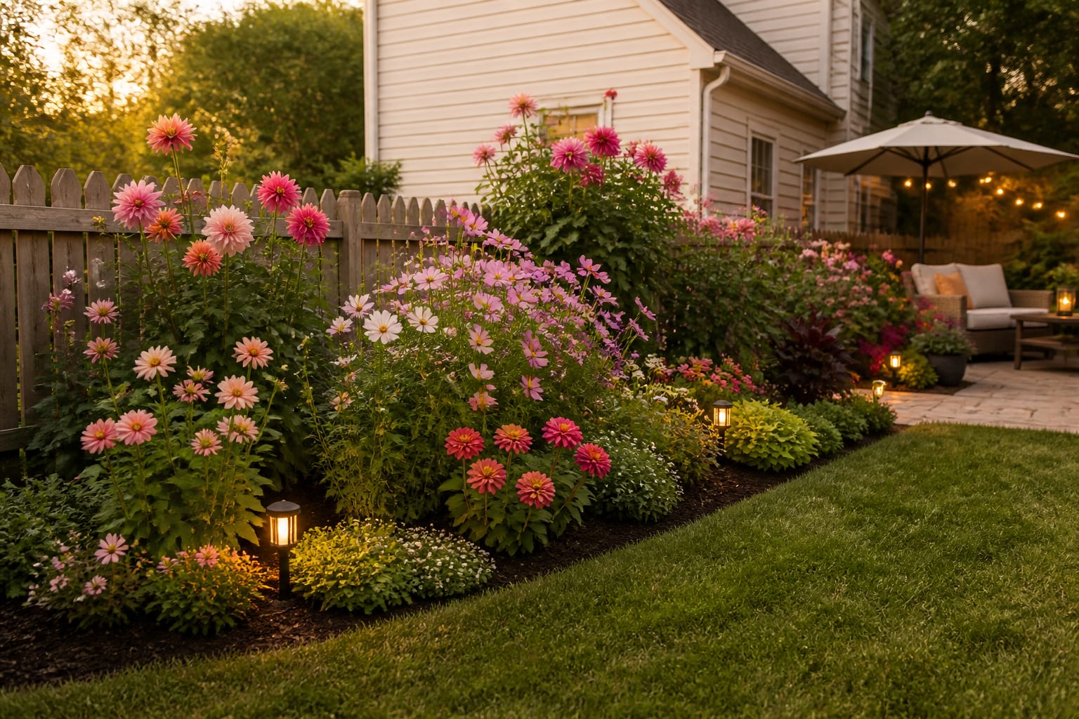 The same garden bed in midsummer overflowing with dahlias, cosmos, and zinnias in pink, coral, and white against the fence
