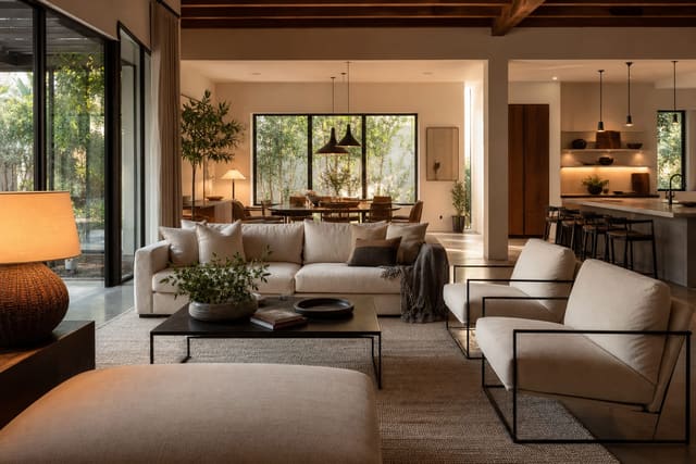 open plan home with stained concrete floors, low wool rugs, linen seating, warm lamps, and black metal accents
