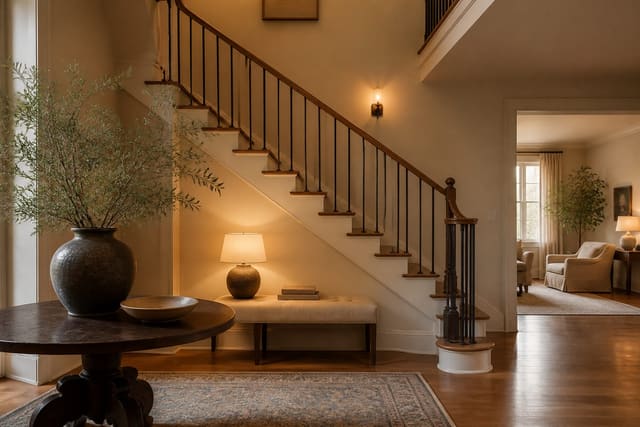Editorial interior photograph showing staircase design ideas that treat the stairs as a feature in a real hallway, with warm residential materials, layered lighting, functional furniture placement, and a magazine-quality composition.