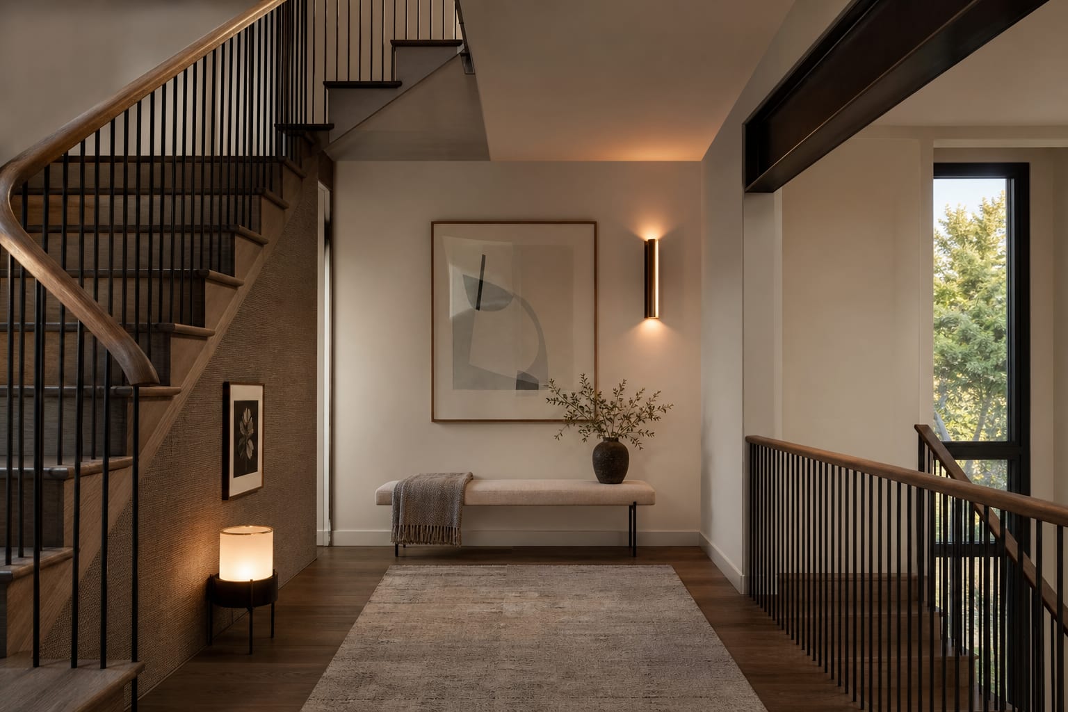 staircase landing with a slim bench, framed art, warm wall sconce, and clear path between the stair flights