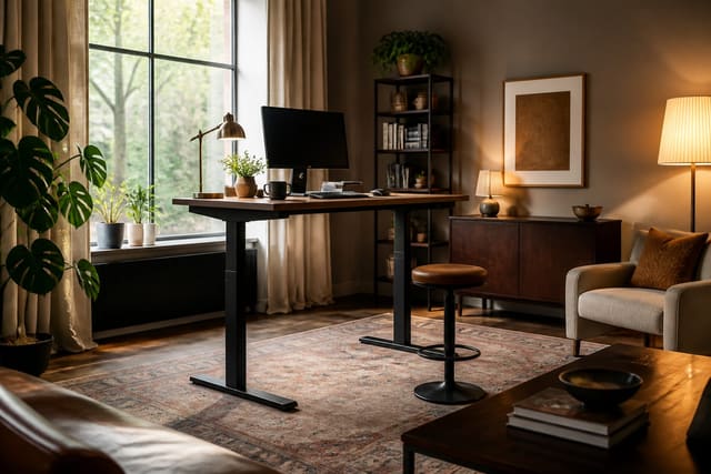 Standing Desk Setup Ideas in a home office, shown as a warm editorial Re-Design concept