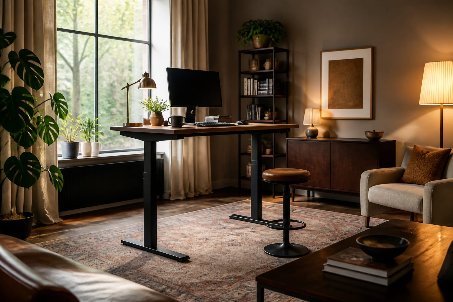 Standing Desk Setup Ideas in a home office, shown as a warm editorial Re-Design concept