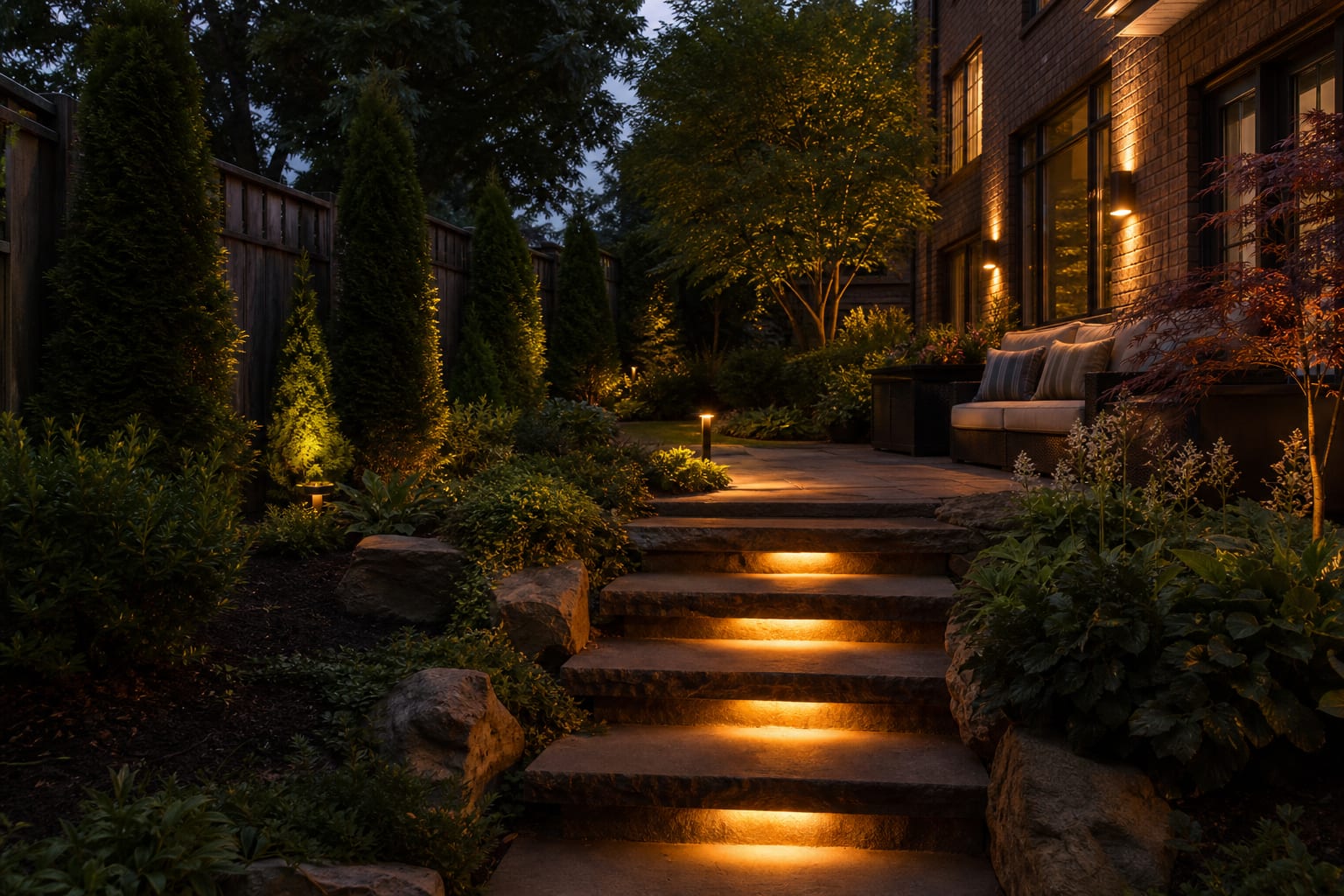 same garden stairs with warm riser lights, a softly marked landing, and planting beds kept darker around the walking route.