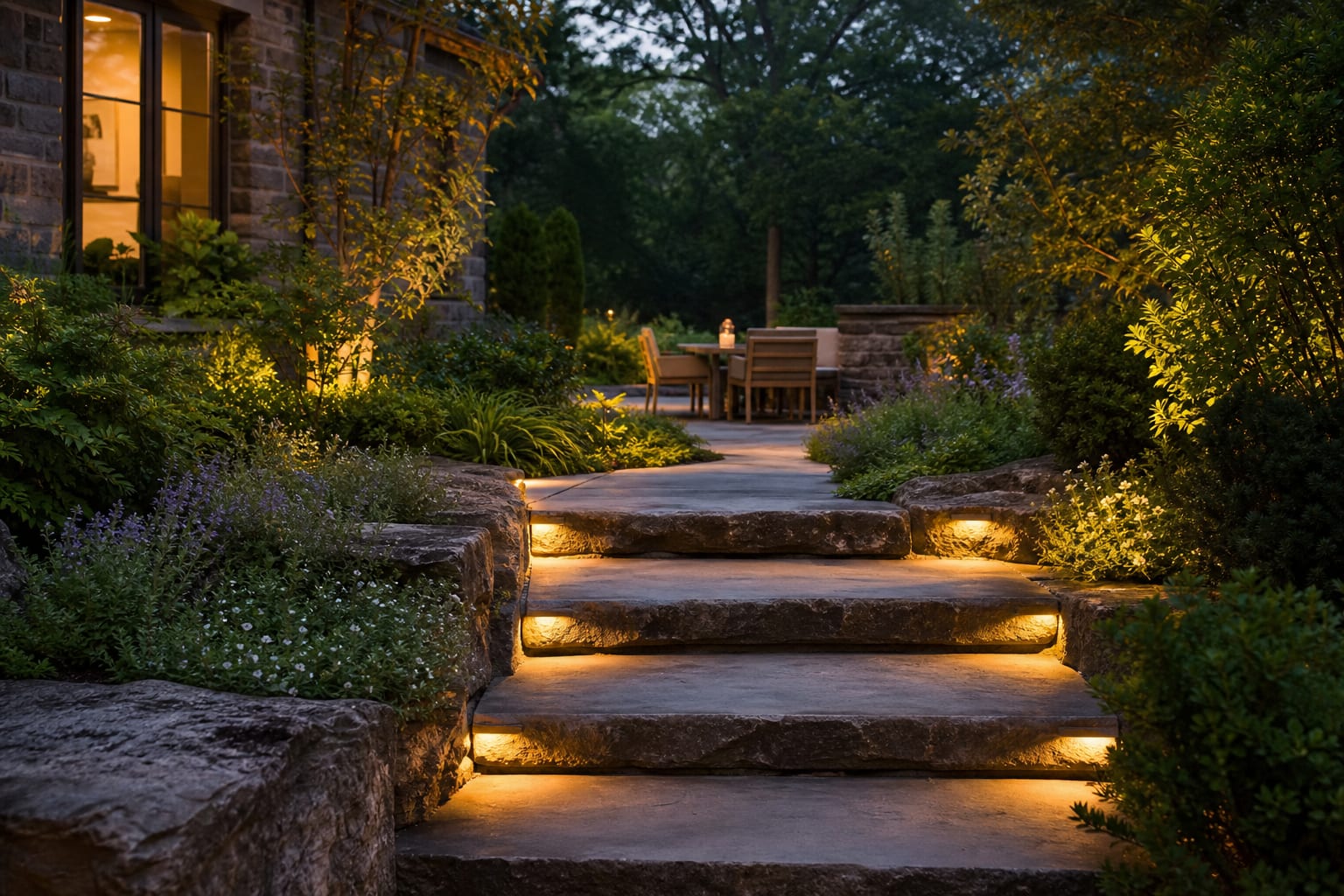 warm low-glare lights tucked into stone garden steps with planting beds and a softly lit path at dusk