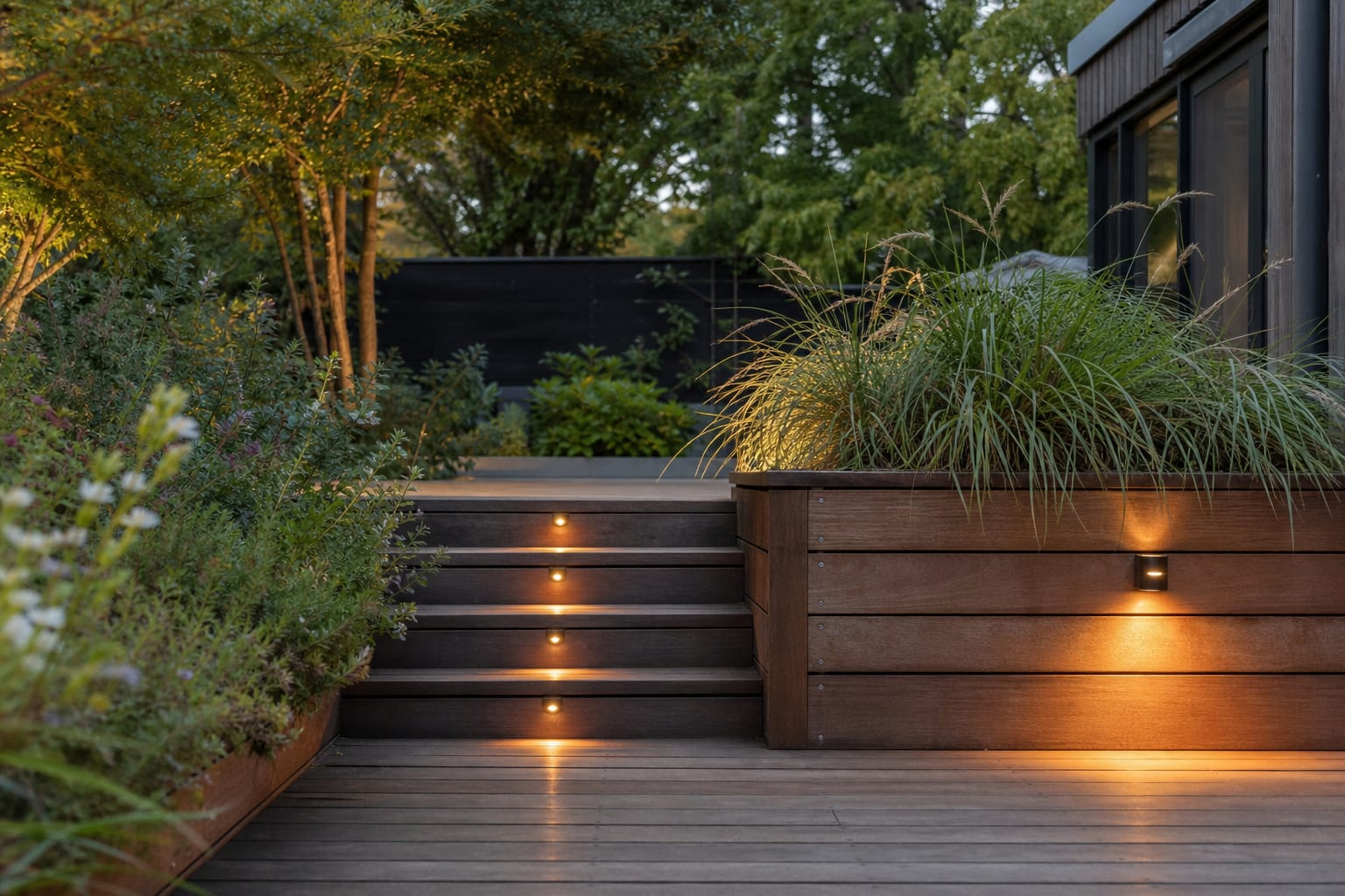low deck stair lights mounted into timber risers beside ornamental grasses and a warm landing light