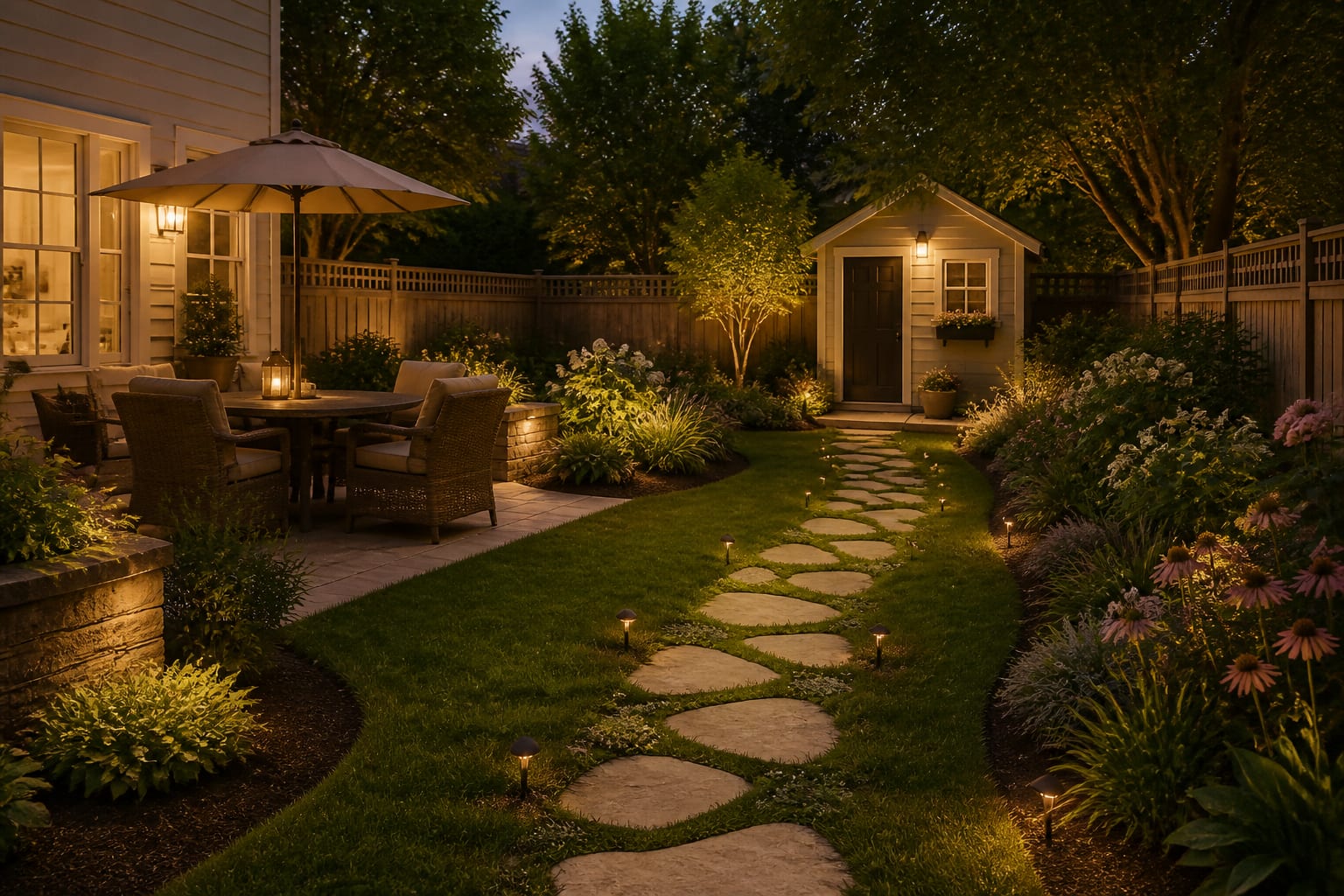 Same lawn route with evenly spaced flagstone steppers set flush in the turf after redesign