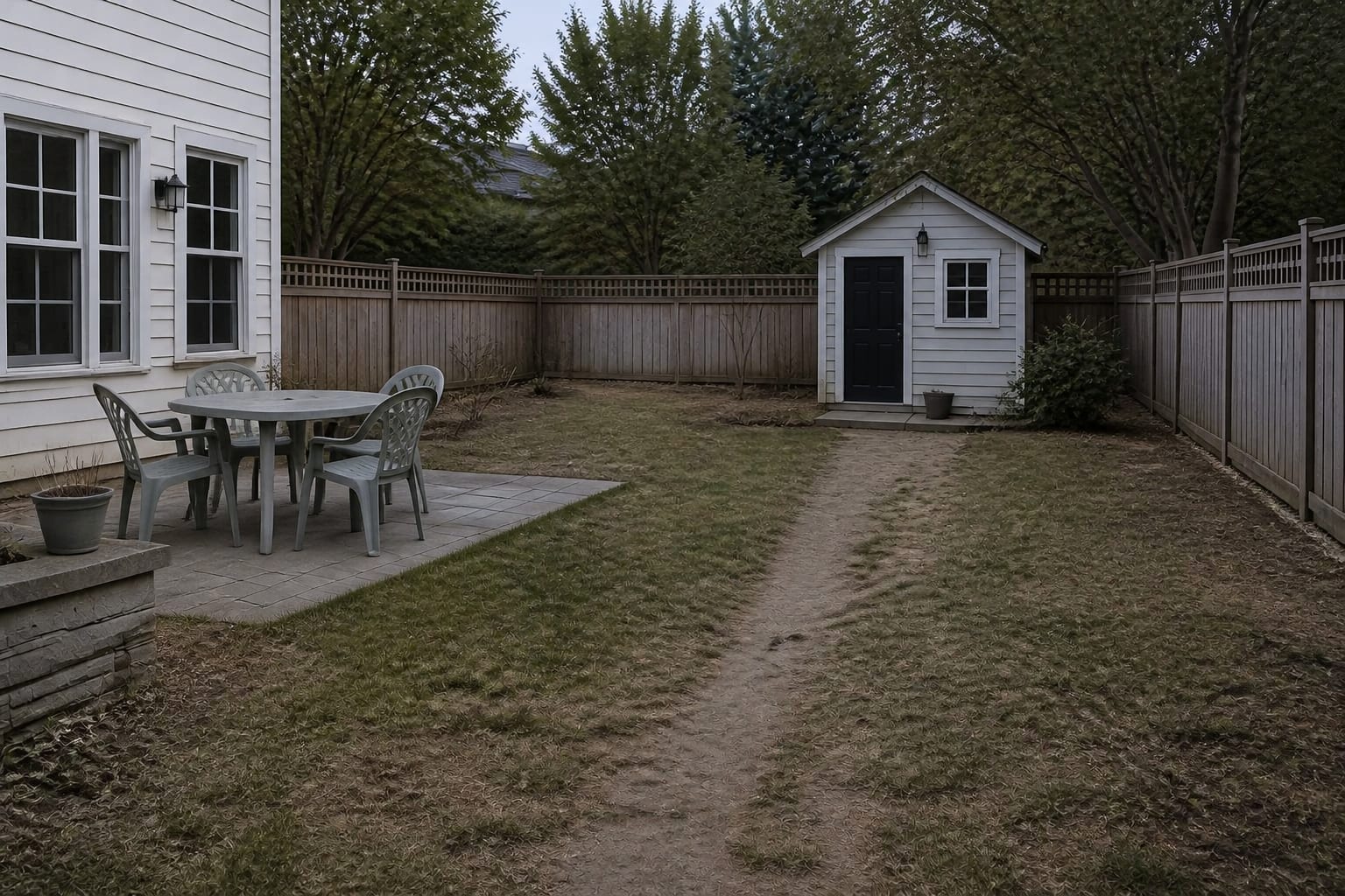 Worn muddy desire line across a lawn between patio and shed before a stepping stone path