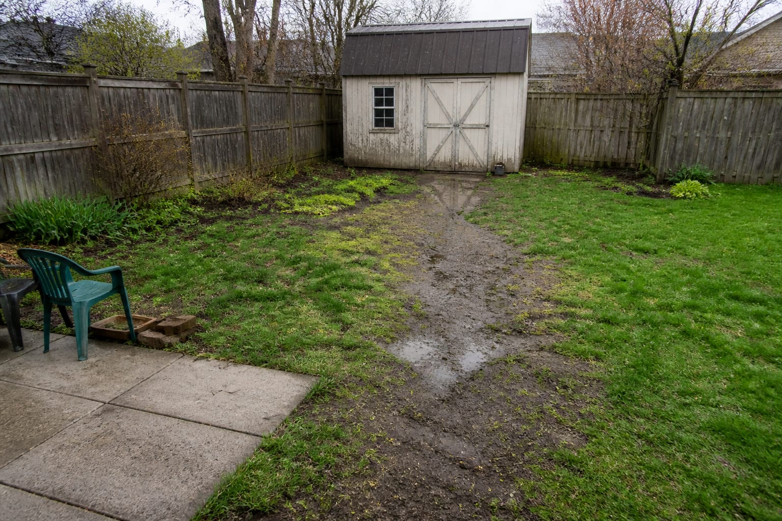 Worn muddy desire line across a lawn between patio and shed before a stepping stone path