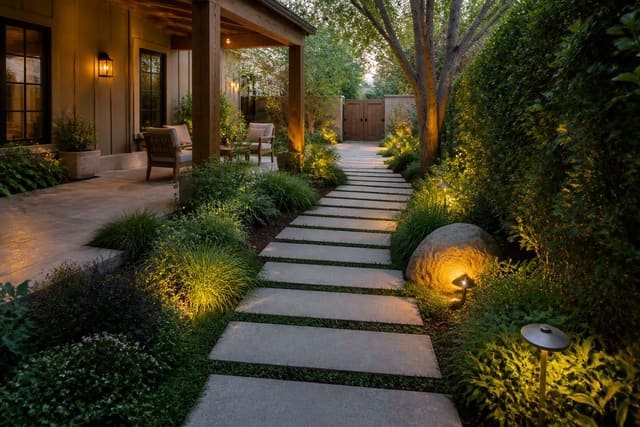 Stepping Stone Path Design: Layout, Material, and Spacing Guide, shown as warm editorial Re-Design photography with believable residential scale, natural light, clear material detail, no overlaid text, no watermark