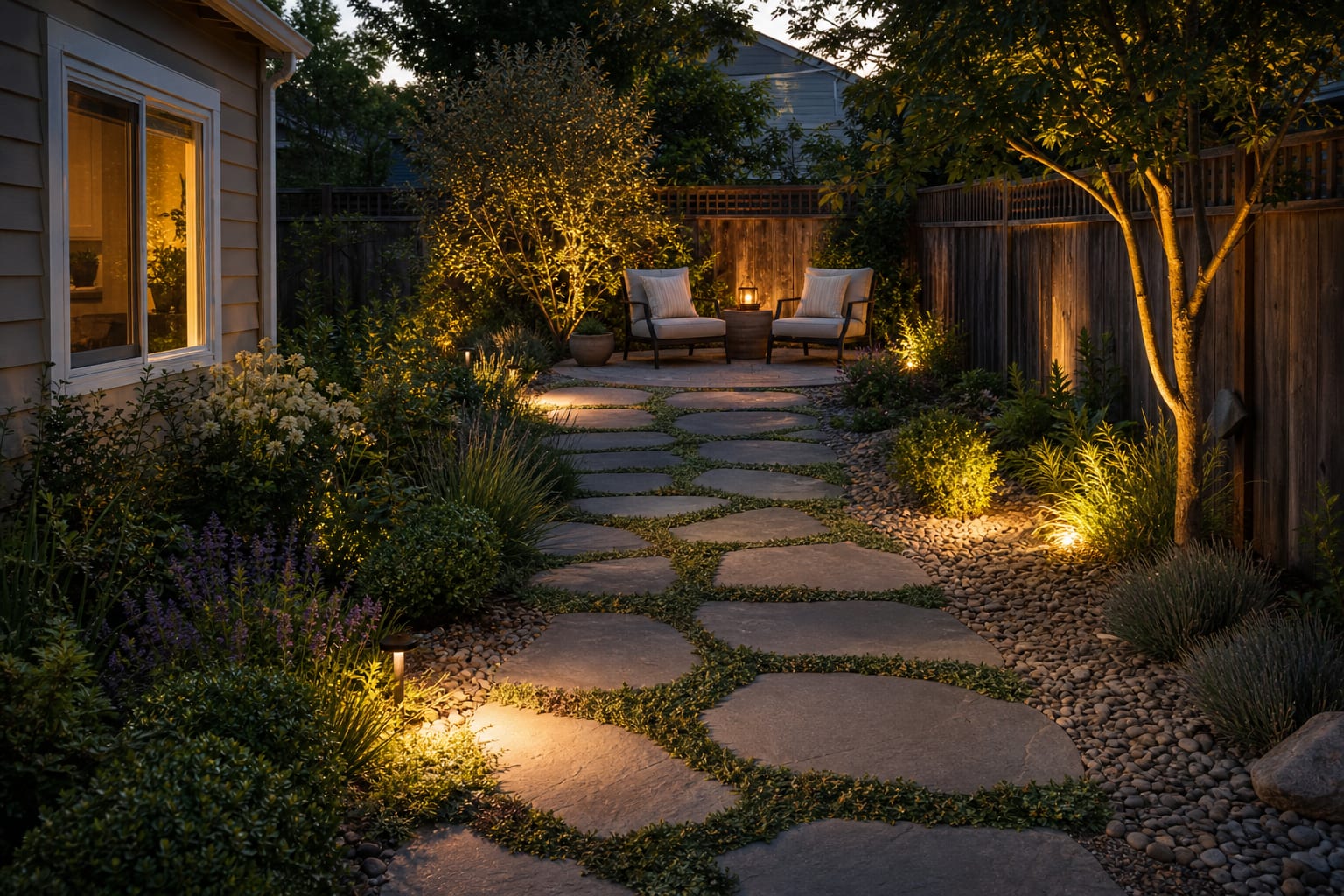 same garden angle redesigned with large stepping stones, creeping thyme gaps, a gravel border, lounge chairs, and layered planting.