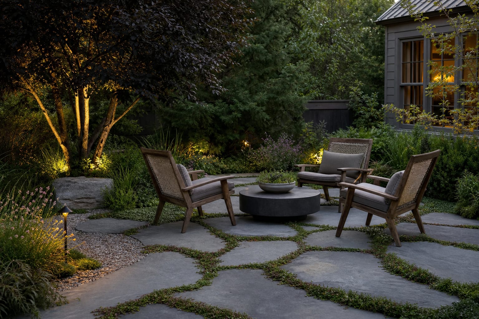 informal flagstone stepping stone patio with thyme gaps, low chairs, gravel edge, and layered planting beside a small garden