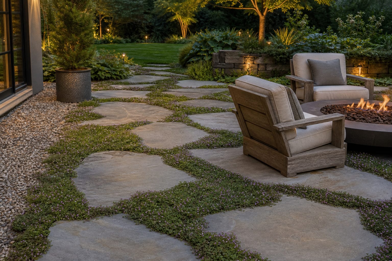 large irregular flagstones set into creeping thyme with gravel at the seating edge and chair legs resting fully on stone
