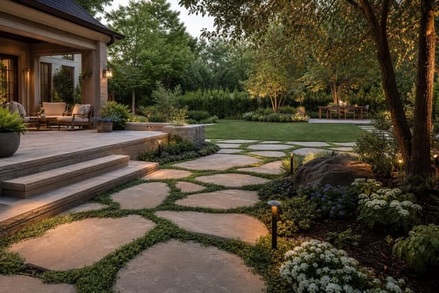 Stepping Stone Patio Ideas: Informal Paths and Patios With Planted Gaps shown as a photorealistic outdoor redesign with layered materials, planting, lighting, and clear circulation