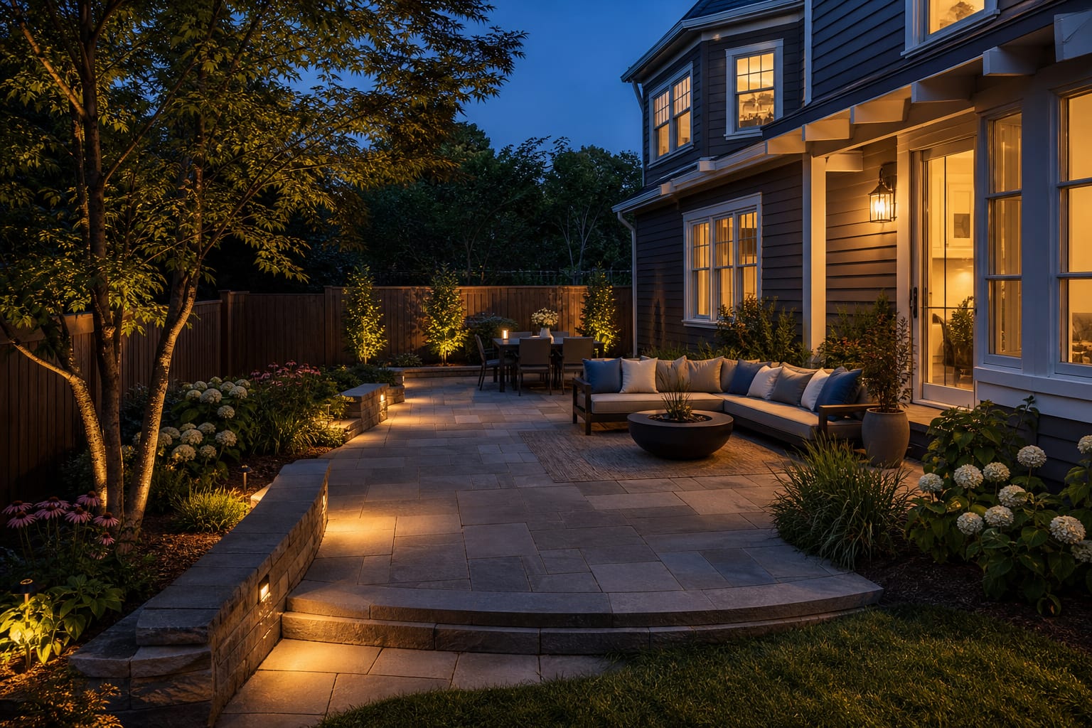 refined bluestone patio with defined dining set, cleaner edging, low planters, and warm evening lighting