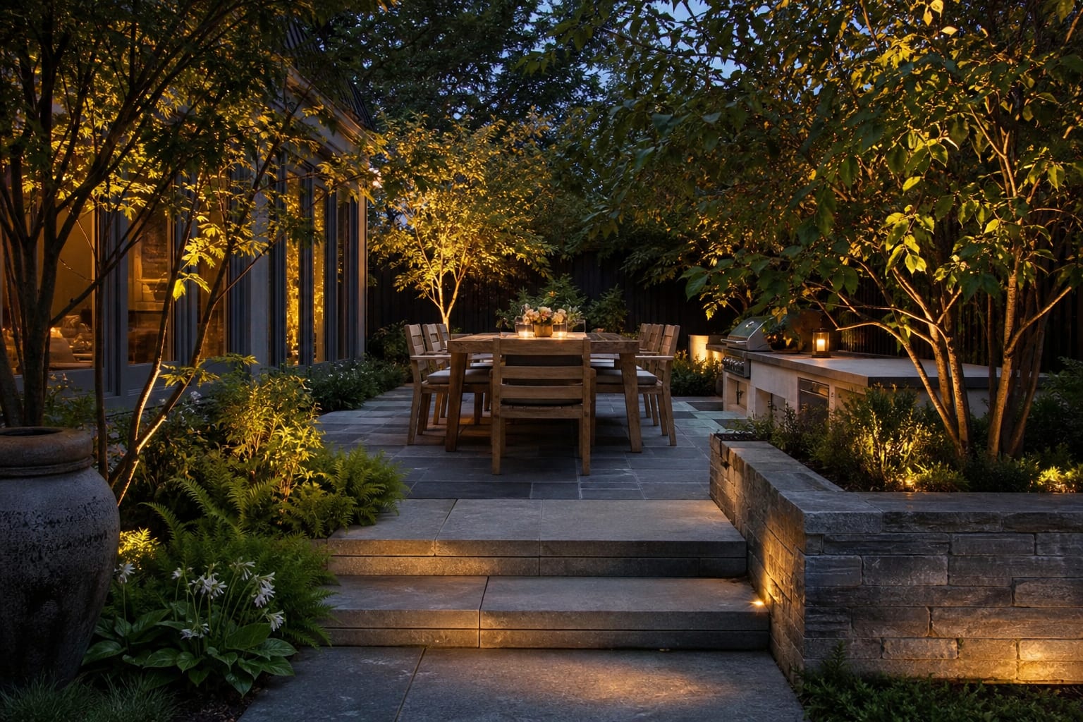 natural stone patio with bluestone dining zone, low planting beds, and warm path lighting at dusk