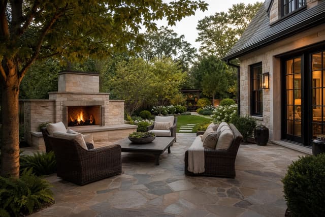 Stone Patio Ideas: Natural stone surfaces with realistic patio furniture and clear circulation