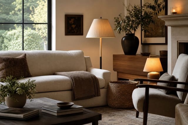 living room sofa with one neatly folded throw, a structured woven basket, and warm layered lighting near a reading chair