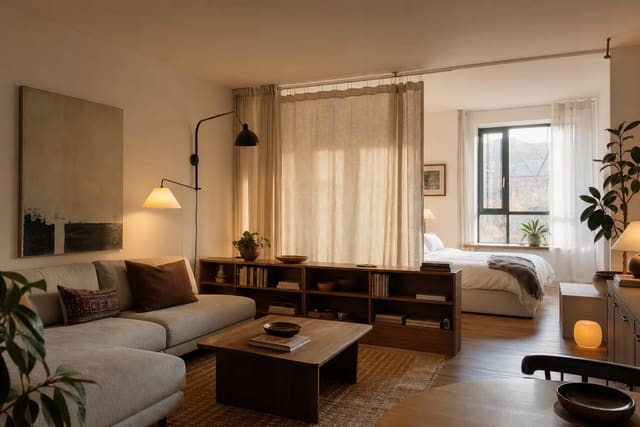 studio apartment with linen curtain divider, low storage, warm lighting, and a tucked-in bed zone that still shares daylight