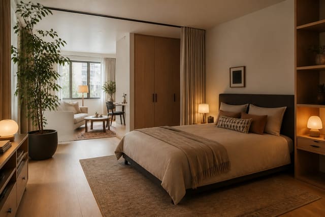 Editorial interior photograph showing studio apartment bedroom ideas: carve a sleep zone in a real bedroom, with warm residential materials, layered lighting, functional furniture placement, and a magazine-quality composition.