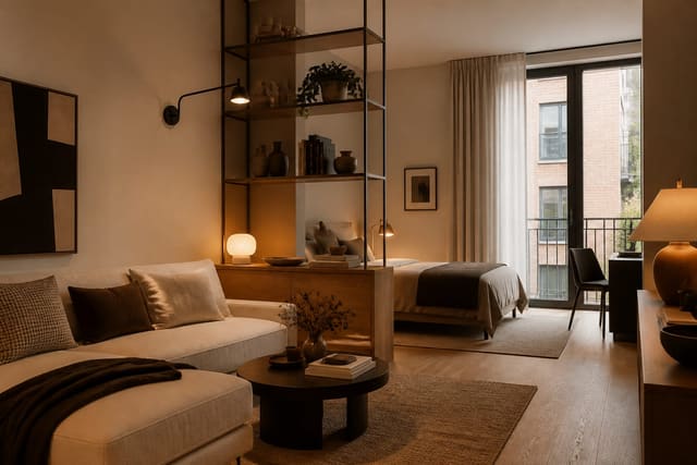 Editorial interior photograph showing studio apartment living room ideas that carve a zone in a real apartment, with warm residential materials, layered lighting, functional furniture placement, and a magazine-quality composition.