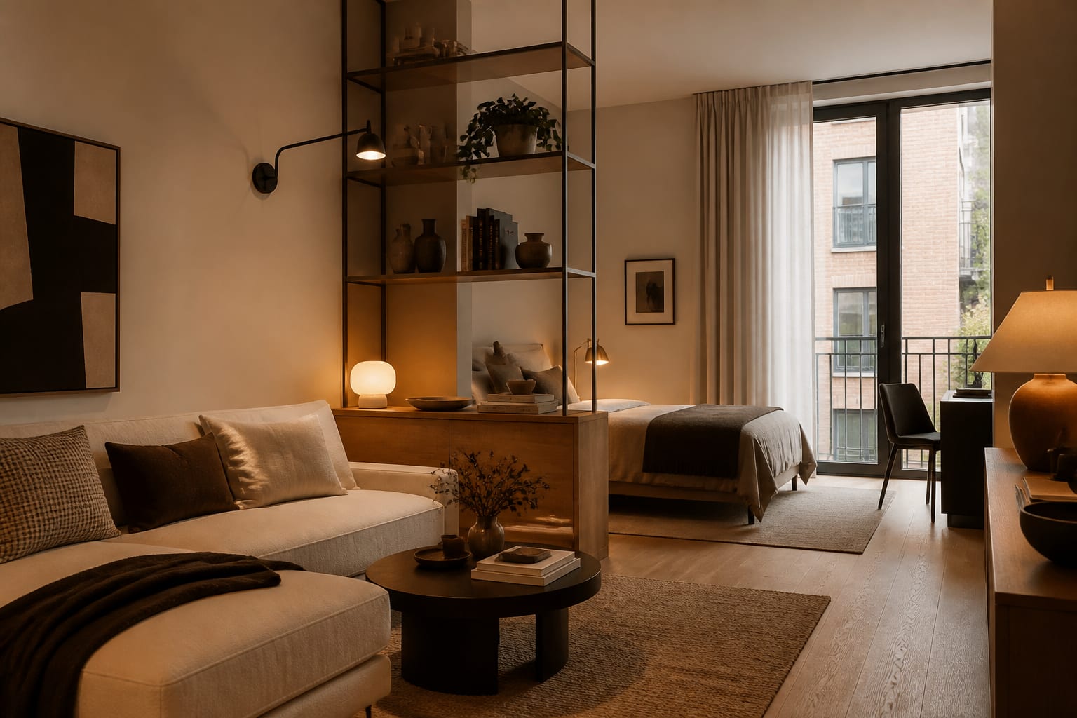 Editorial interior photograph showing studio apartment living room ideas that carve a zone in a real apartment, with warm residential materials, layered lighting, functional furniture placement, and a magazine-quality composition.