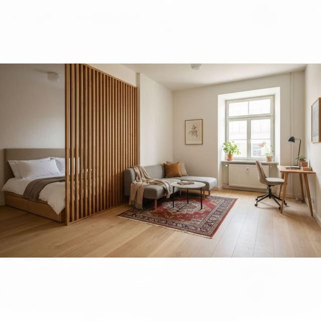 A studio apartment zoned into sleeping, working, and living areas