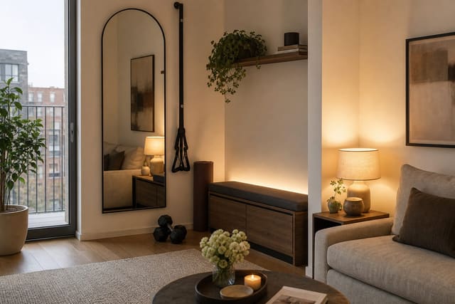 compact studio apartment workout corner with a rolled mat, wall mirror, closed storage bench, and warm lamp beside a sofa