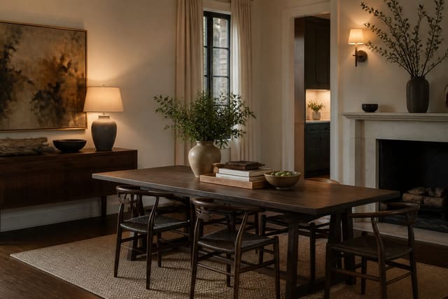 Editorial interior room illustrating how to style a dining table when it's not in use with warm natural light, layered styling, and realistic residential scale