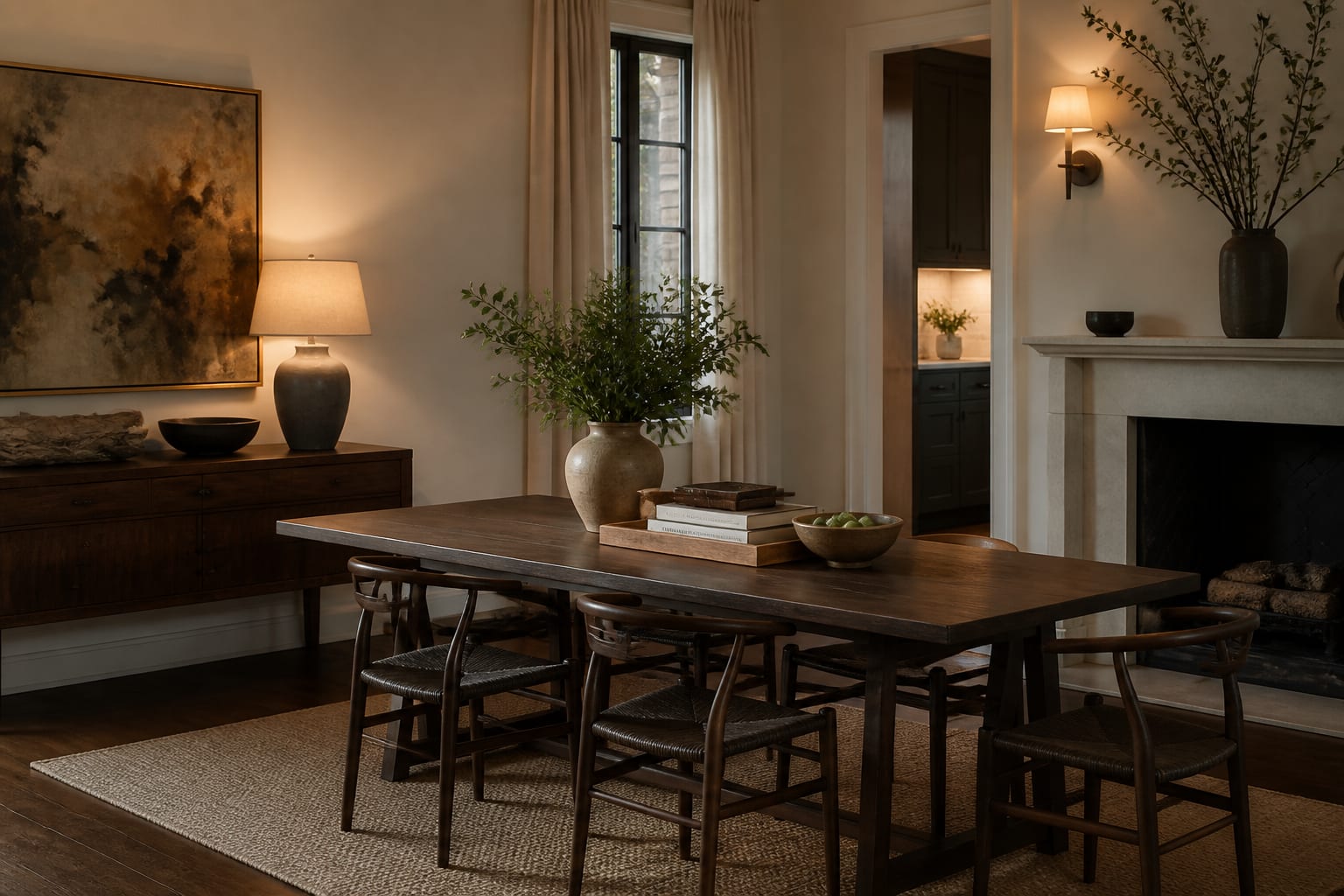 Editorial interior room illustrating how to style a dining table when it's not in use with warm natural light, layered styling, and realistic residential scale