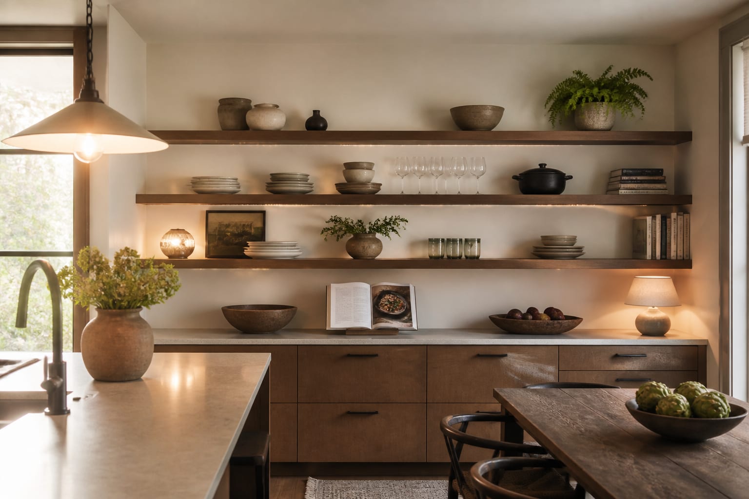 How to Style an Open Kitchen Shelf: The Object-to-Space Ratio, shown as warm editorial Re-Design photography of styled open kitchen shelving with grouped ceramics, glassware, cookbooks, and clear breathing room at believable residential scale, no overlaid text, no watermark