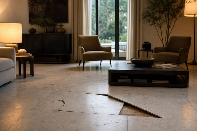 cracked porcelain tile floor with one loose tile lifted to reveal plywood subfloor seams and movement below