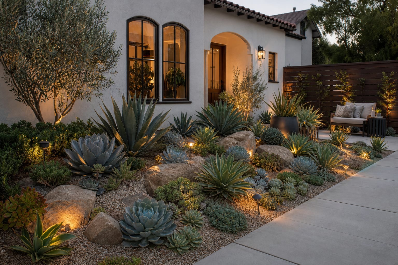 same dry bed with sculptural succulents, boulders, gravel mulch, repeated rosettes, and a clean path edge