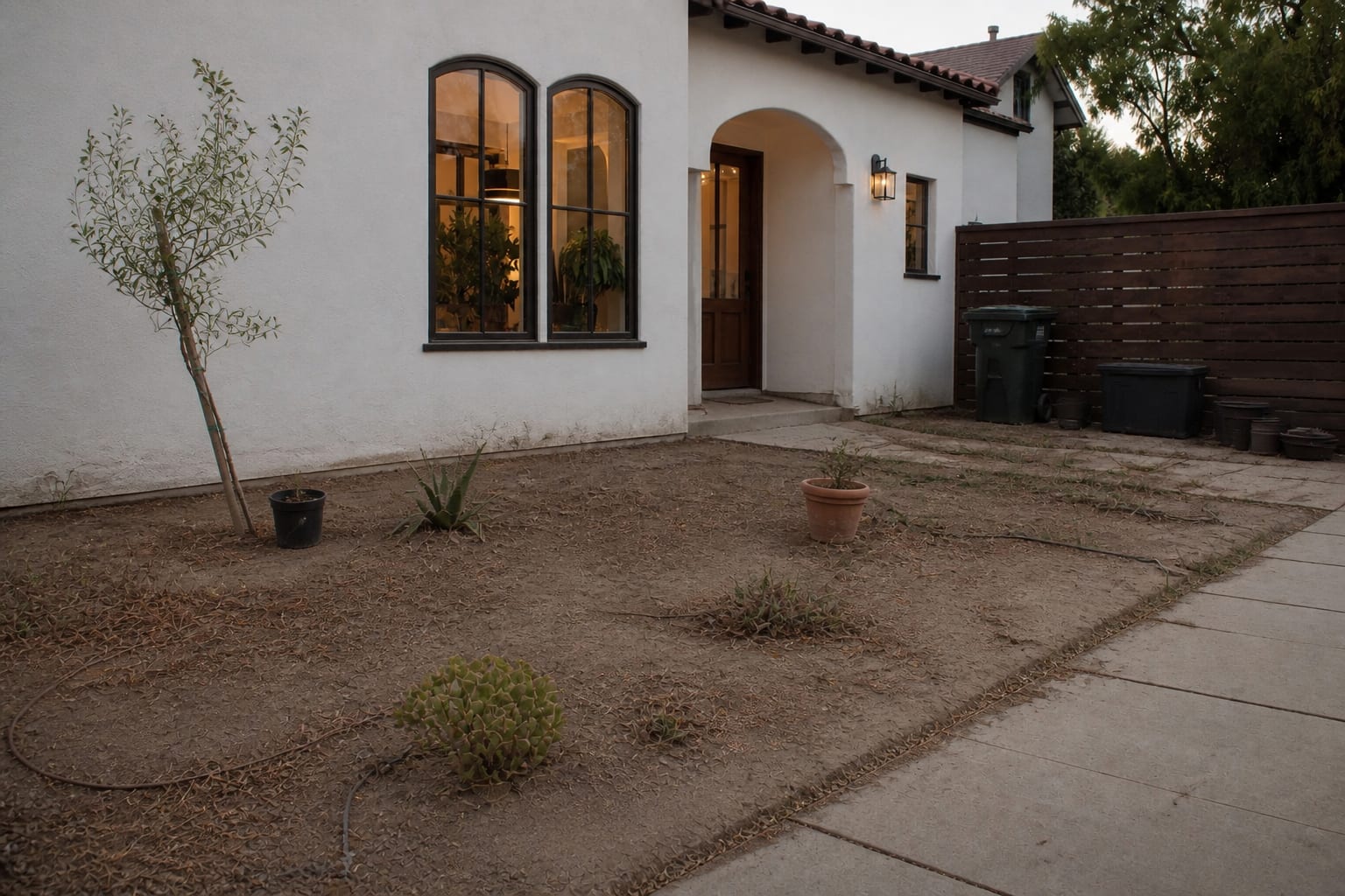 dry front garden bed with bare soil, scattered small pots, a few struggling succulents, and no rock or path structure