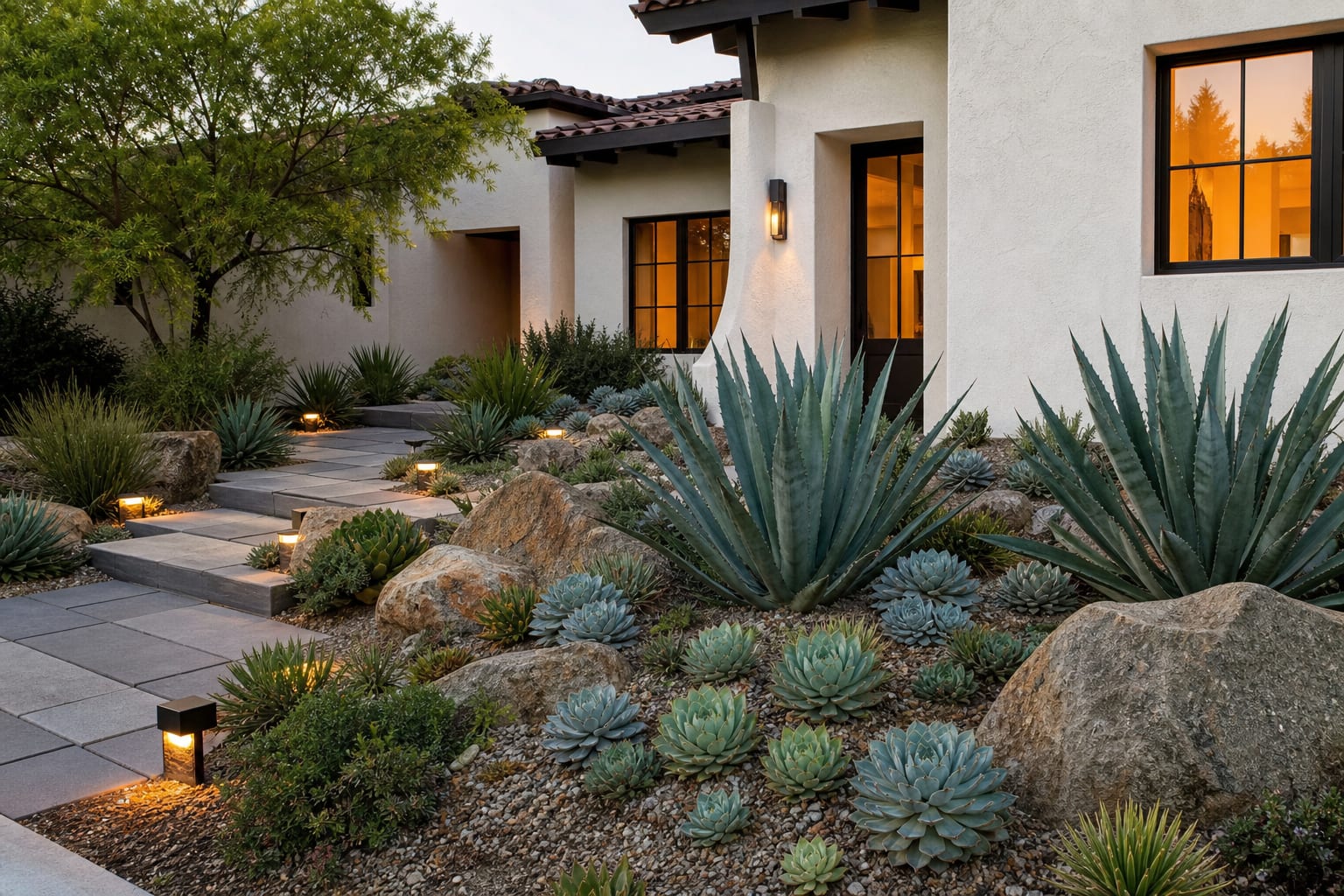 front yard succulent garden with agaves, echeveria, gravel, boulders, and low modern path lighting beside a stucco house