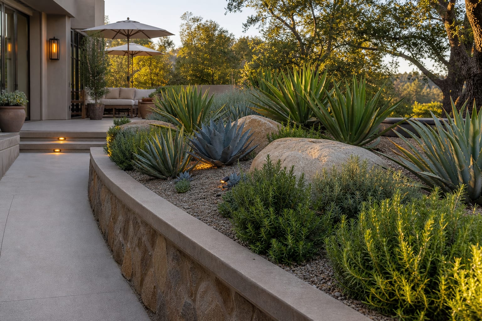 raised succulent bed with buried boulders, blue agaves, upright aloes, gravel mulch, and rosemary along a sunny walkway