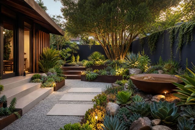 Succulent Garden Ideas: Low-Maintenance Outdoor Planting shown as a photorealistic outdoor redesign with layered materials, planting, lighting, and clear circulation