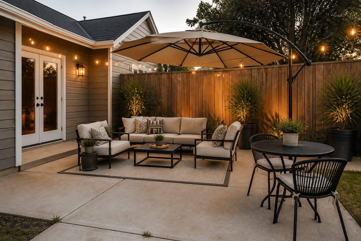 The same patio set up for summer outdoor living with shade, seating, and string lights